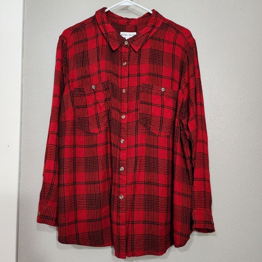 Ava & Viv Shirt Women's‎ Plus 2x Red Plaid Long Sleeve Button Up Pockets